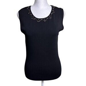 VTG FINITY Black Sleeveless Stretch Dainty Knit Top Beaded Size XL Ribbed Y2K
